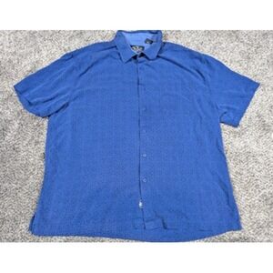 Nat Nast Shirt Mens XL Blue‎ Silk Cotton SS Button Up Geometric Pattern Camp